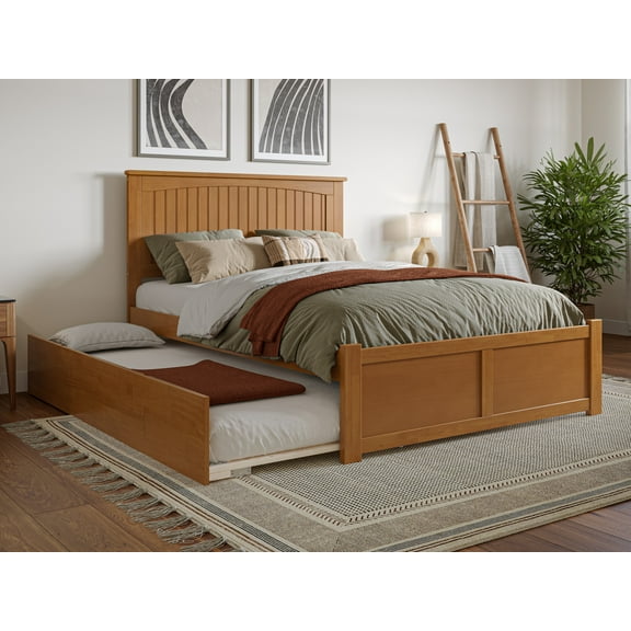 AFI Nantucket Full Wood Platform Bed with Footboard and Full Trundle, Light Toffee