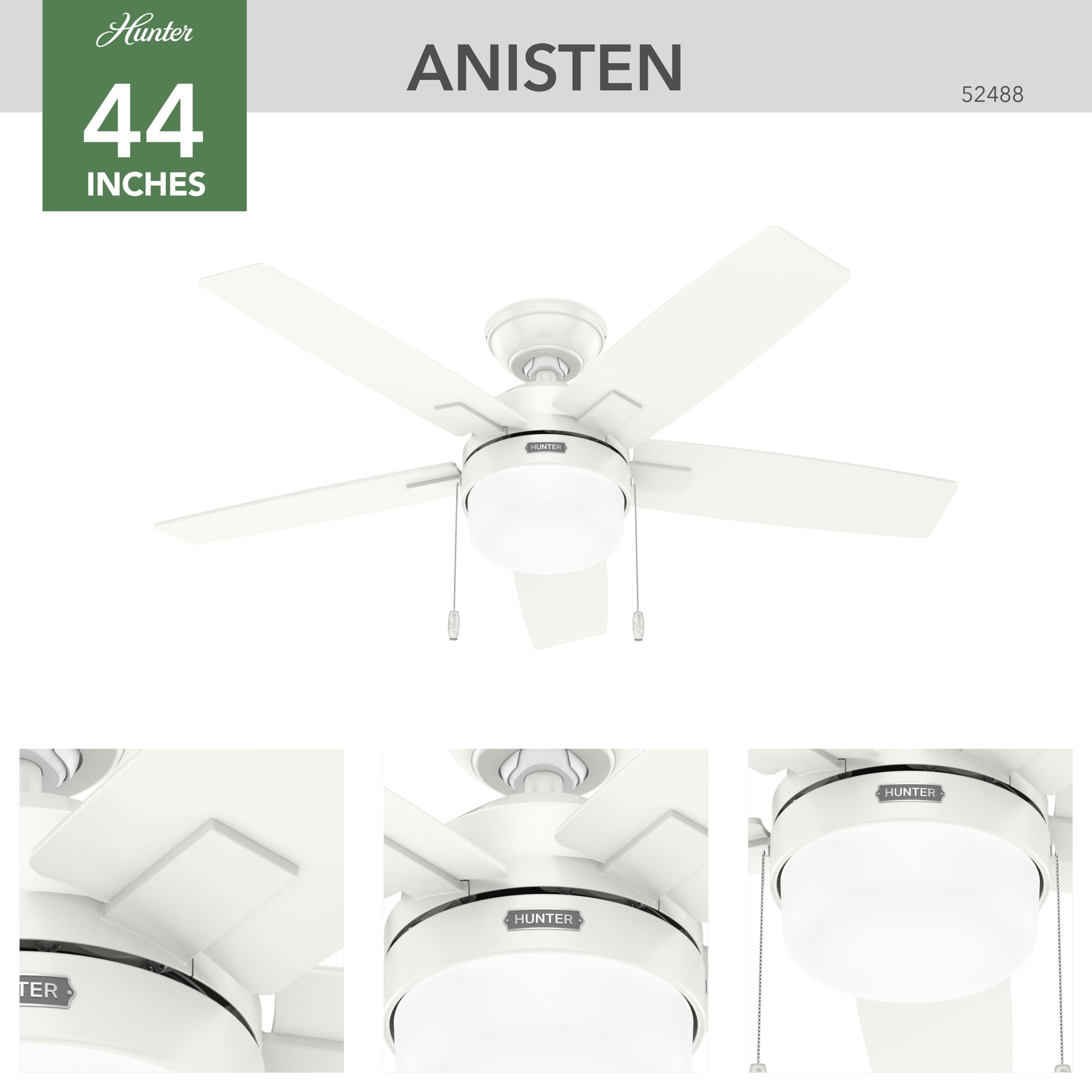 Hunter 44 inch Indoor Ceiling Fan with LED Light - White Ceiling Fan with Pull Chain, For Bedroom or Living Room, Standard Mount, No Remote, 5 Blades, Includes Bulbs - Anisten 52488, Fresh White