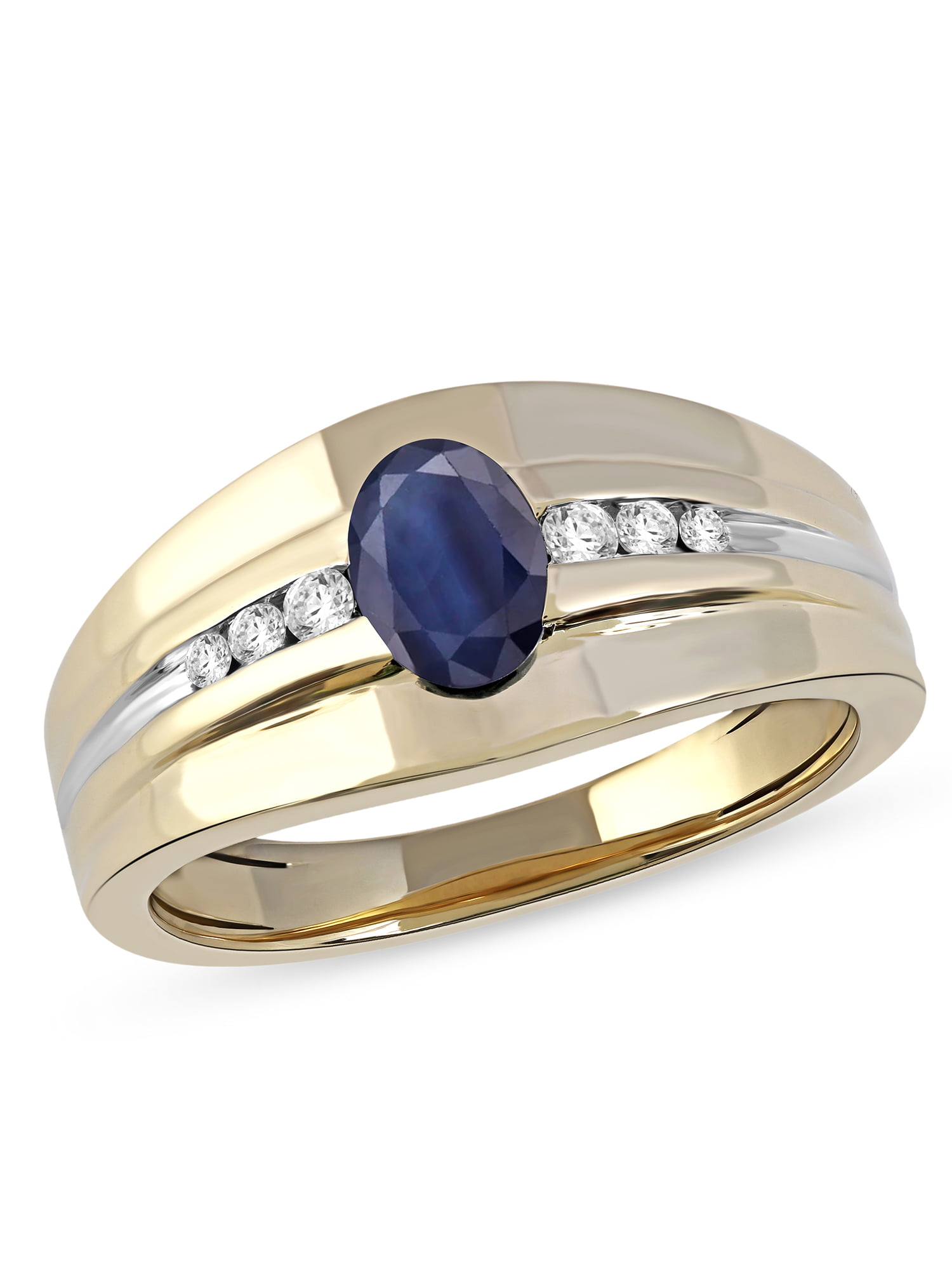 Men's  Blue Sapphire Nugget Ring 10K Two-Tone Gold with Diamond