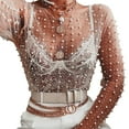 thumbnail image 2 of Douhoow Women's Pearl Rhinestone Mesh Tops Long Sleeve See Through Sheer Blouse Beach Cover Up Crop Top, 2 of 7