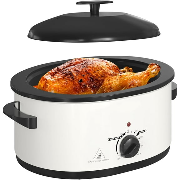 8 QT Electric Roaster Oven with Self-Basting Lid, Turkey Roaster Oven with Defrost Warm Function, Removable Pan and Rack, Stainless Steel White