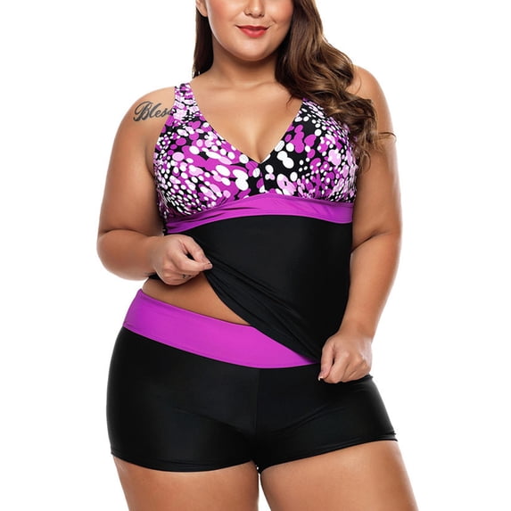 Askfv Plus Size Tankini Set with Boyshort for Women Tummy Control Two Piece Swimsuit Dot Print Bathing Suit