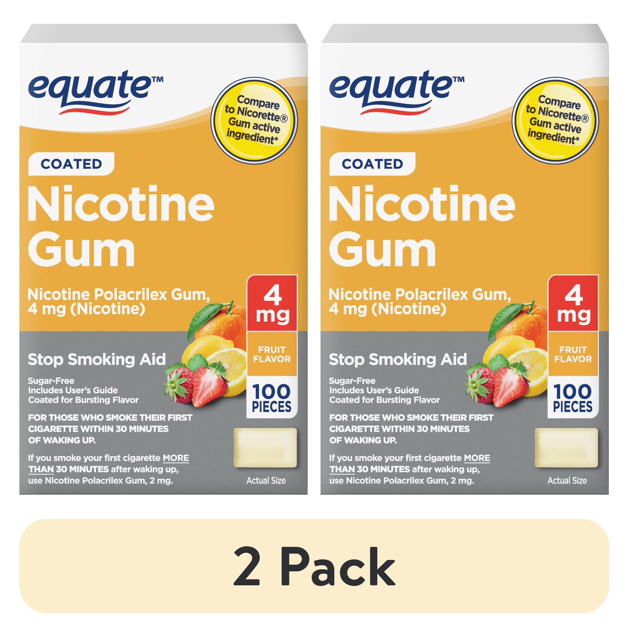 (2 pack) Equate Coated Nicotine Polacrilex Gum 4 mg (nicotine), Fruit Flavor, 100 Count