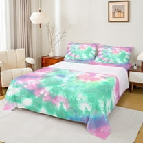 Manfei Tie Dye Queen Sheet Sets,Modern Aesthetic Art Flat Sheet,Pink Green White Queen Fitted Sheet For Girls,Luxury Bedroom Decor,4 Pieces