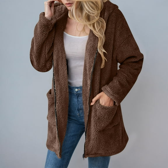 Tauxra Winter Coats for Women,Winter Jackets for Women,Women's Solid Color Plush Hooded Long Sleeve Casual Pocket Jacket,Jackets for Women