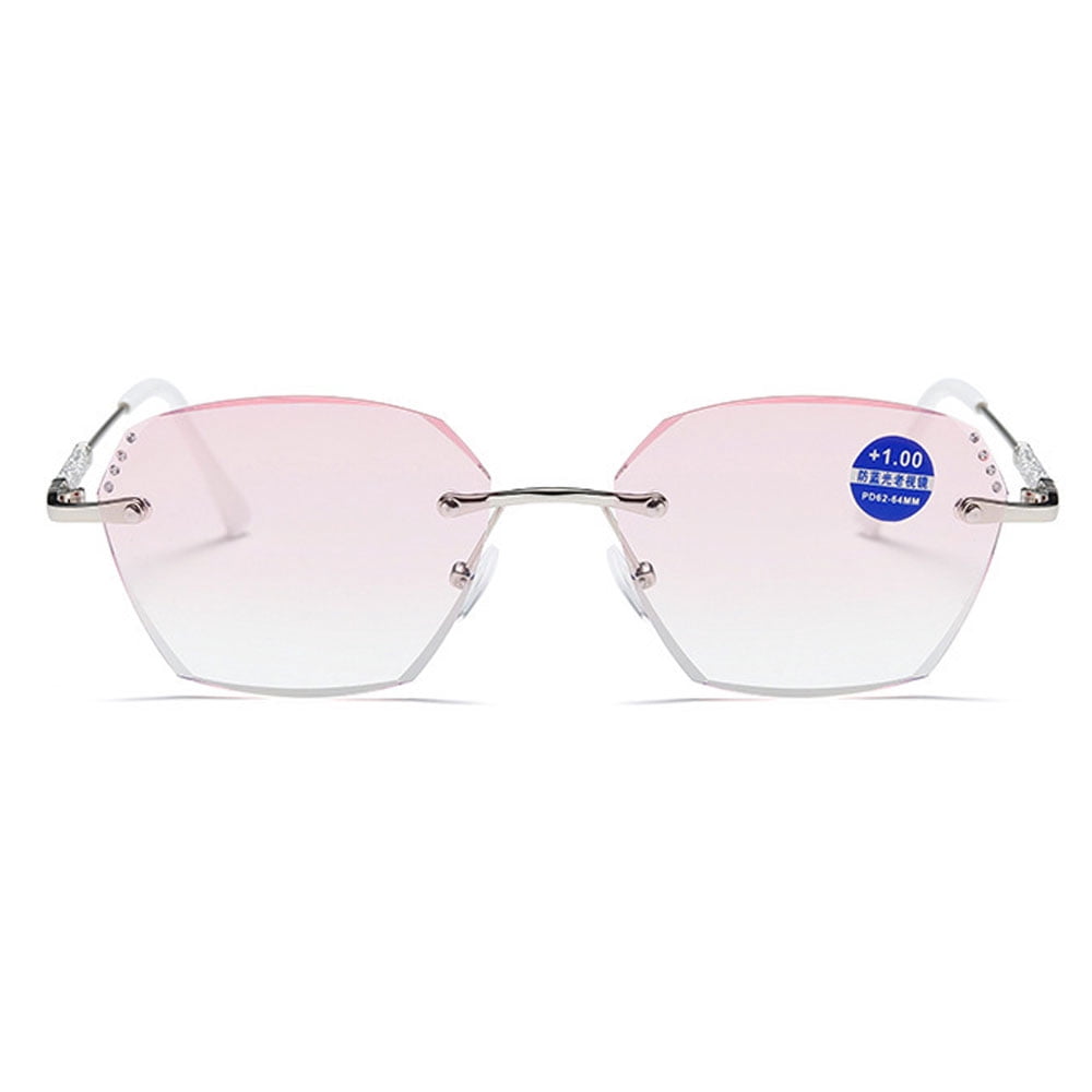 2 Pairs of New Rimless Diamond Trimming Silver Anti-Blue Light Reading Glasses Fashion Metal Gradient Pink Sunglasses Readers +3.50