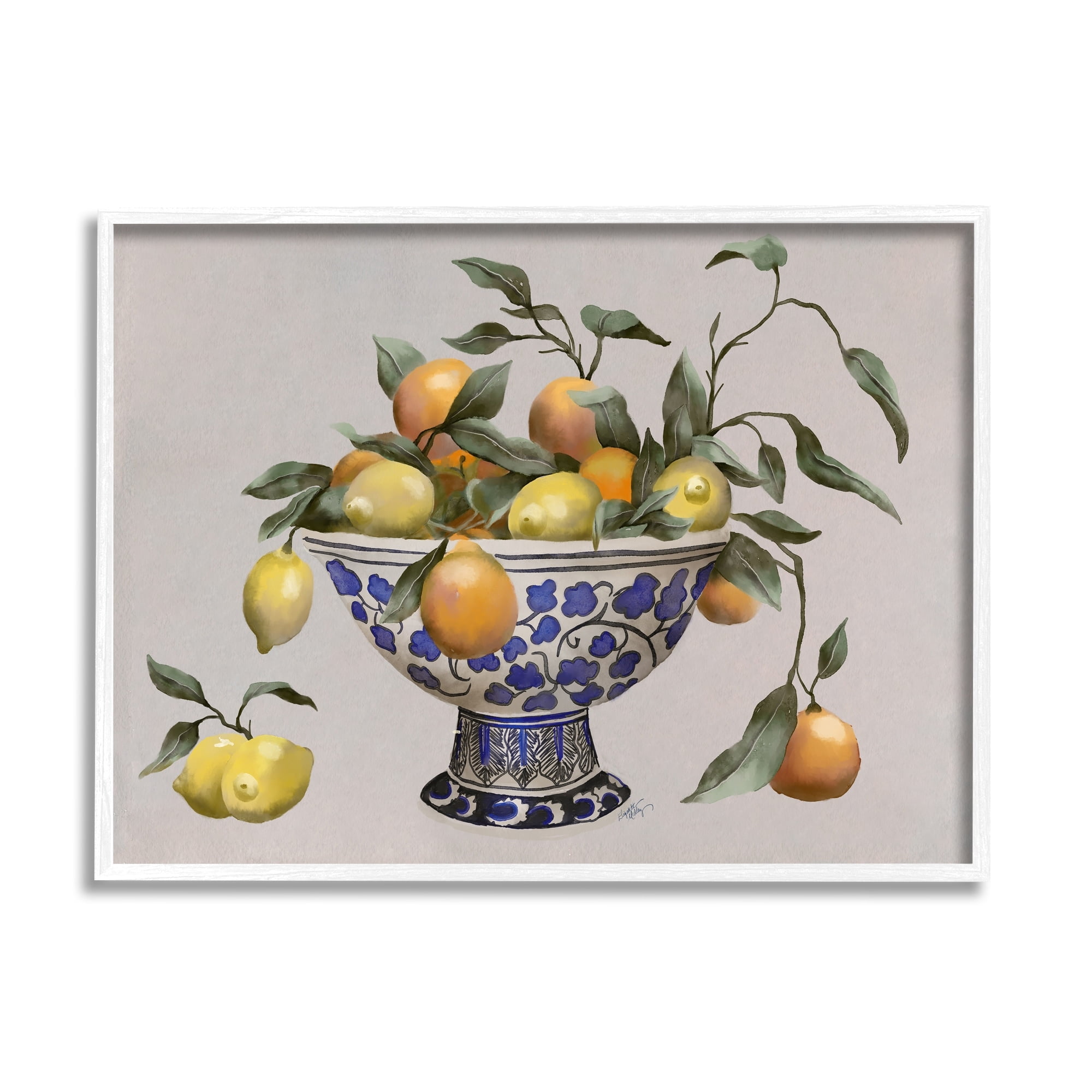 Stupell Industries Mixed Citrus Fruits Leaves Patterned Pottery Bowl Graphic Art White Framed Art Print Wall Art, Design by Elizabeth Medley