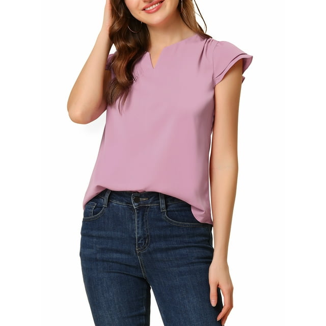 INSPIRE CHIC Women's Solid V Neck Cap Short Sleeves Work Blouse M Dusty Pink