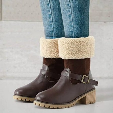 

Women Faux Fur Lined Winter Boots Chunky Fleece Warm Chunky Heel Warm Short Boot Slip Ankle Booties