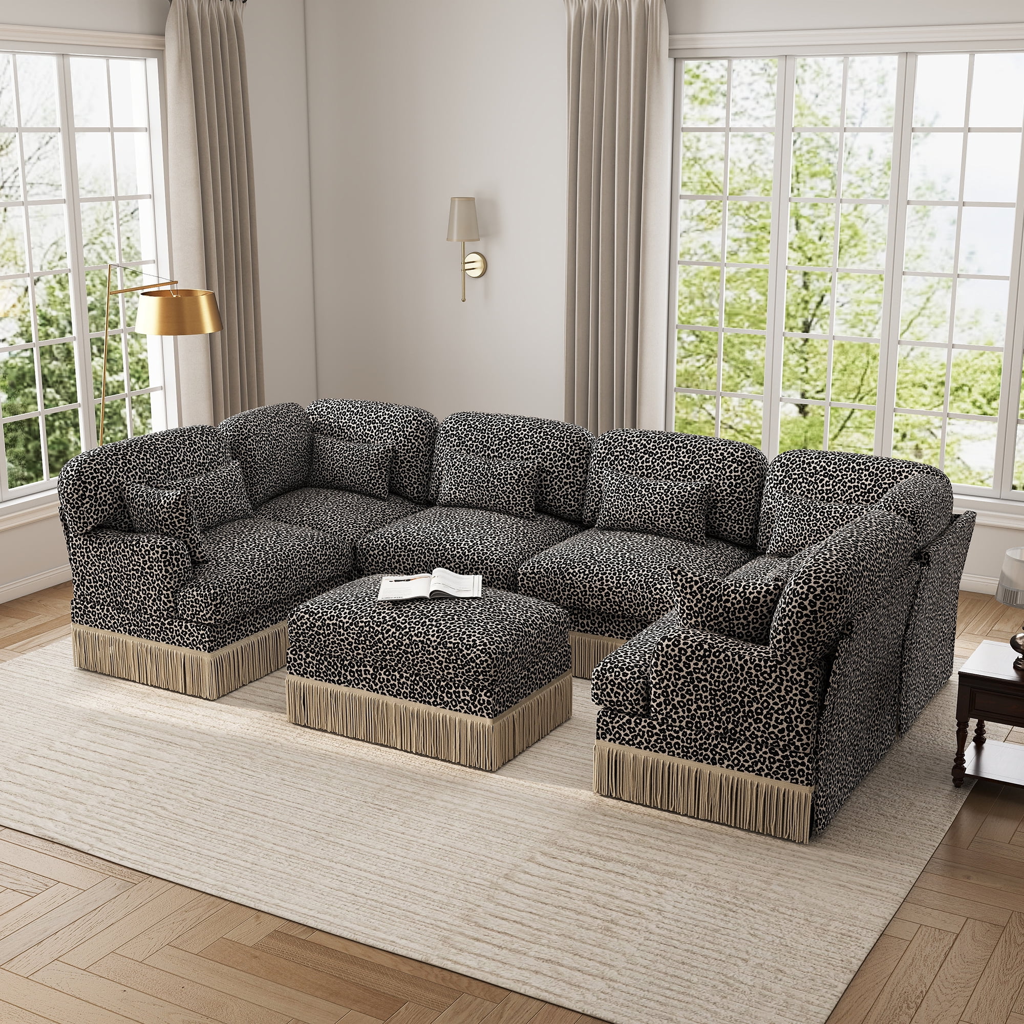 128" Oversized U Shaped 7 Seater Modular Sectional Corner Sofa with 8 Pillows and Ottoman