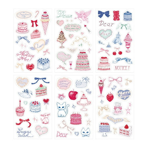 Monolike Dear Sweet Theme Sticker 6P Set - Aesthetic Removable Stickers for Journaling, Scrapbooking, Multicolor, Size: 4.33 x 5.51 inches