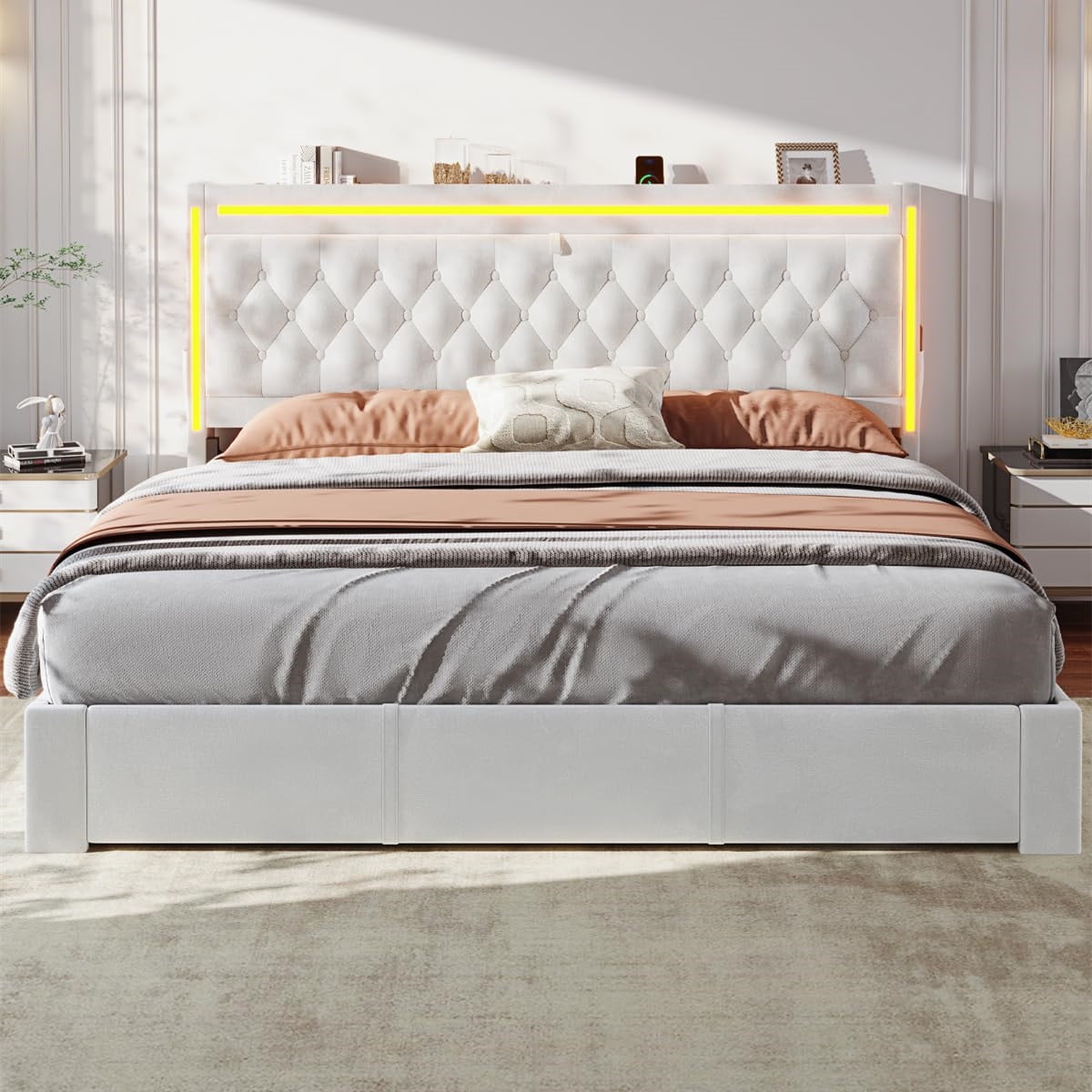 Queen Size Bed Frame with 5 Storage Drawers and Storage Headboard with RGB Lights & Charging Station, Velvet Upholstered Platform Bed Queen Size, No Box Spring Needed, Noise-Free,White