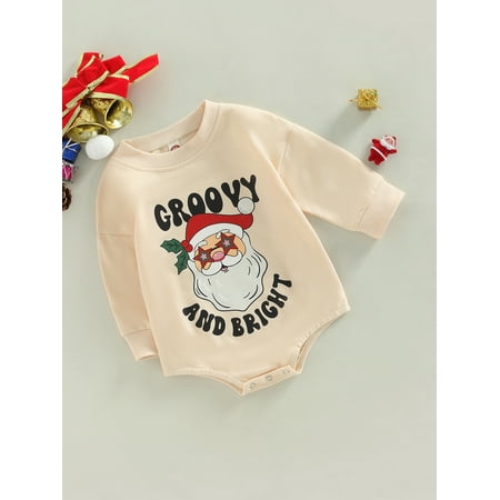 

Baby Girls Boys Christmas Romper Long Sleeve Crewneck Oversized SweatshirtSanta Claus Xmas Sweater Fall Winter Tops (M-Light Orange Three Santa 3-6 Months )