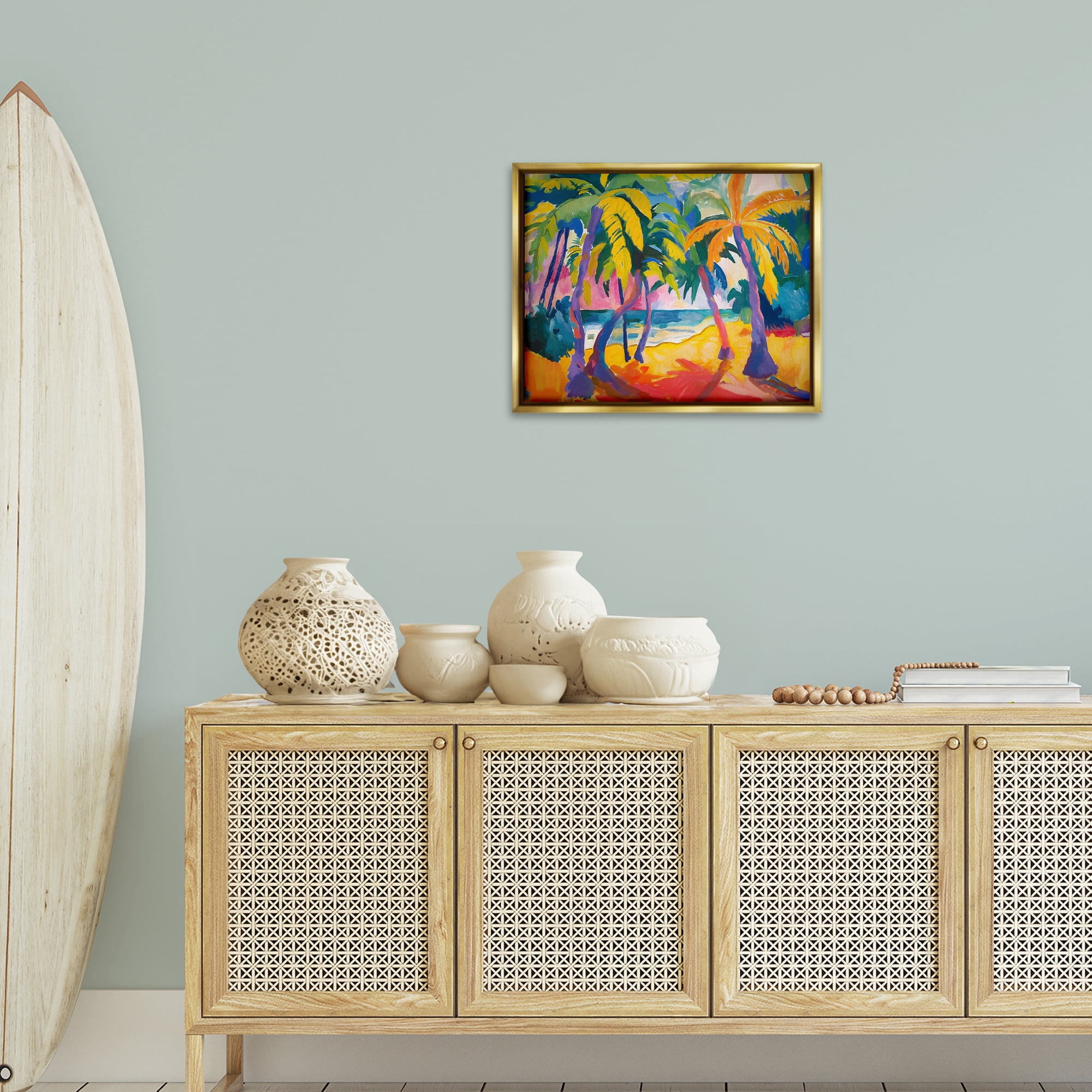 Stupell Industries Tropical Palm Paradise Coastal Painting Gold Floater Framed Canvas Art Print Wall Art, 21 x 17
