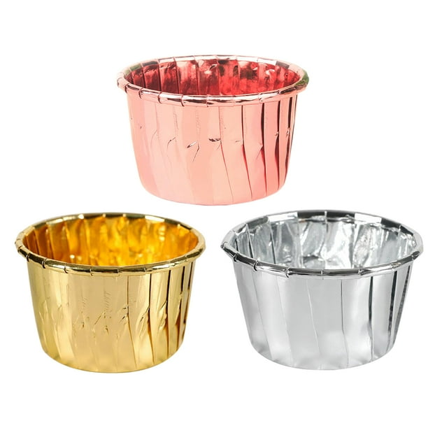 150 moldes de papel para cupcakes, resistentes al calor, desechables, para postres, fiestas, repostería, bodas, cumpleaños y Halloween (rosa 50 + dorado 50 + plateado 50)