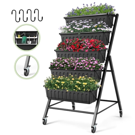 4ft Vertical Raised Garden Planter, 5-Tier Vertical Garden Bed with 4 Wheels And 4 Hooks, Vegetable Flower Planter Raised Stand for Garden Patio Yard, Black