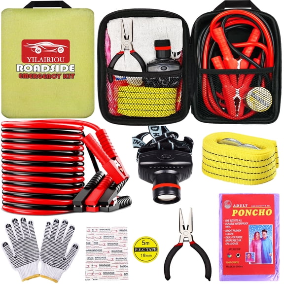 YILAIRIOU Car Emergency Roadside Tool Kit, Auto Emergency Kits Vehicles, with Jumper Cables kit，Car Safety Roadside Assistance Kit,Headlamp,Tow Straps,Needle Nose Pliers,Rainwear,Gloves.Matcha Green