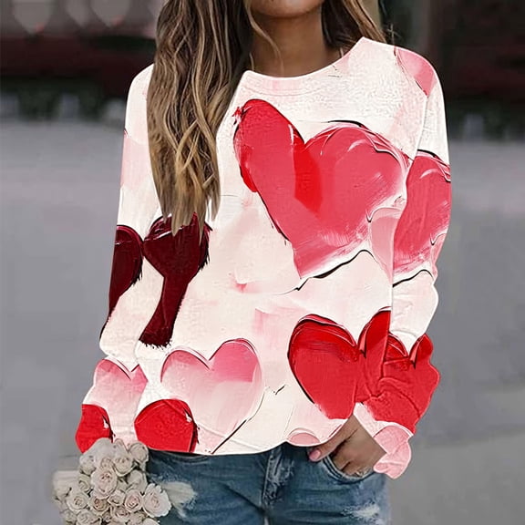 YOTAMI Women's Long Sleeve Blouse Valentine's Day Print Pullover Loose Fit Crew Neck Casual Blouse - Valentine's Day Gift for Her