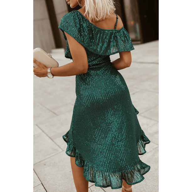 emerald green sequin lace frill hem bodycon dress Morning Mist