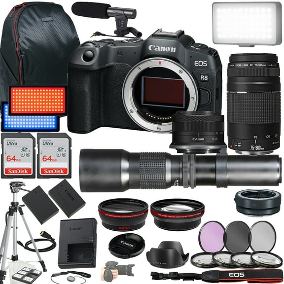 Canon EOS R8 Mirrorless Camera w/ RF-S 18-45mm IS STM   EF 75-300mm f/4-5.6 III   500mm f/8 Focus Lenses   2X 64GB Memory   Case   Microphone   LED Video Light   More (International Version)