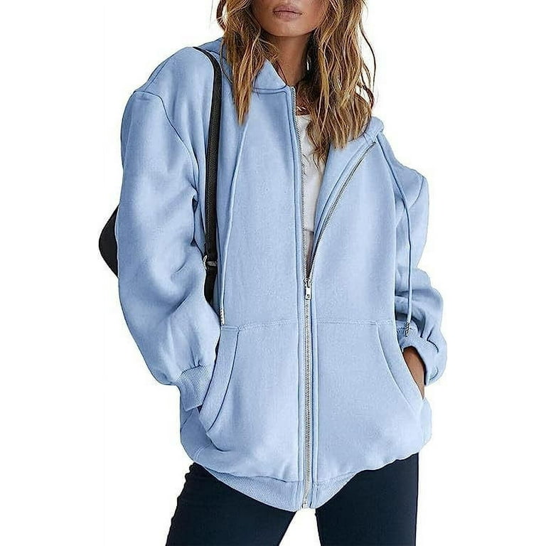 Womens Casual Solid Long Sweatshirt Womens Hoodie Sleeve Zipper Hooded Coat Thin Hoodies for Women Pocket Sweatshirt Tops Blue Hooded Top Xx Large Polyester Walmart