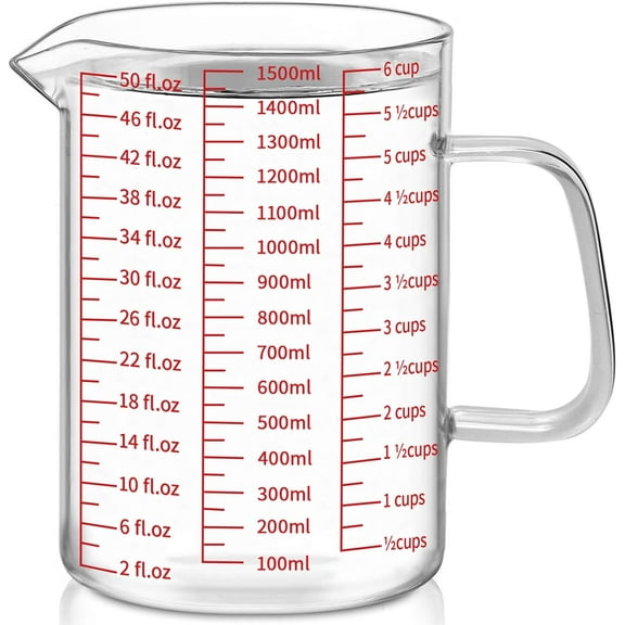 6 Cups Glass Measuring Cup, Easy to Read with 3 measurement scales (Ml/Oz/Cup), Insulated Handle and V-shaped Spout, High Borosilicate Glass Measuring Cup, Ideal for Kitchen or Restaurant