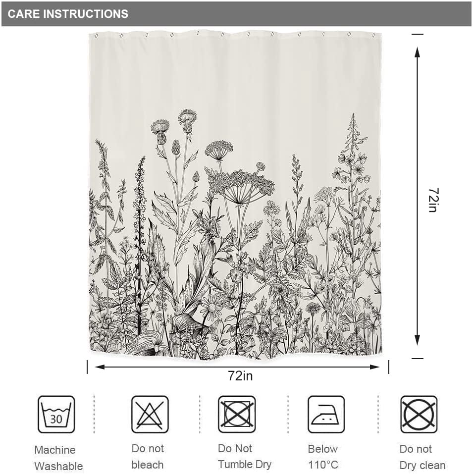 Wild Floral Shower Curtain Botanical Flower Plant Herbs Tulip Nature Blossom Wildflower Leaf Sketch Waterproof Fabric 72Wx72H Inch Polyester Bathroom Bathtub Decoration 12 Pack Plastic Hooks