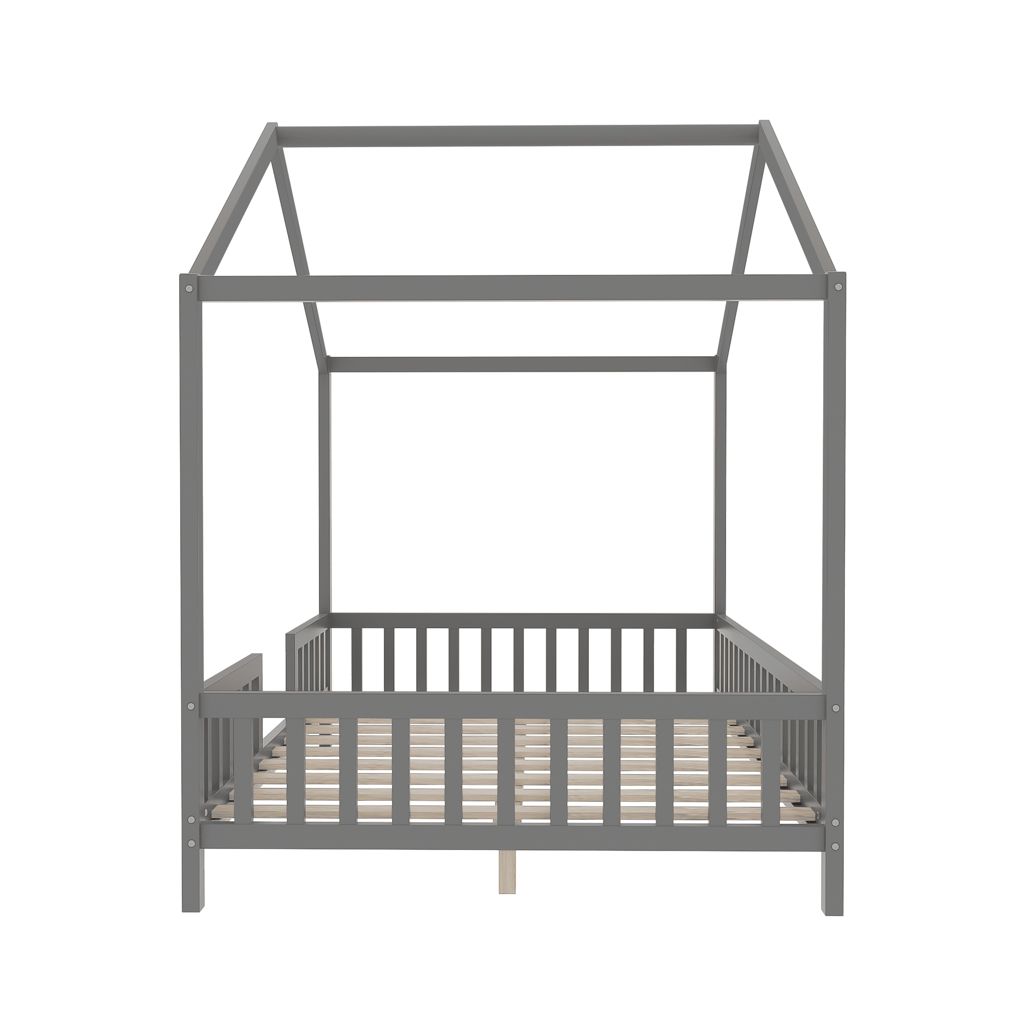 MODERNLUXE Full Size Montessori Floor Bed with Canopy,House Bed Frame with High Railings and Roof,Wood Tent Bed for Teens Girls & Boys,Grey