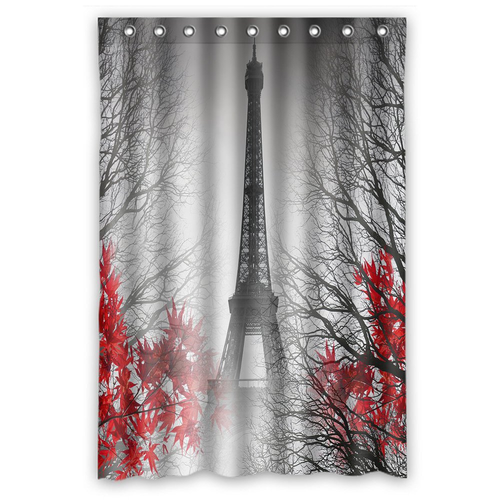 PHFZK Cityscape Shower Curtain, Eiffel Tower in Paris and Red Tree