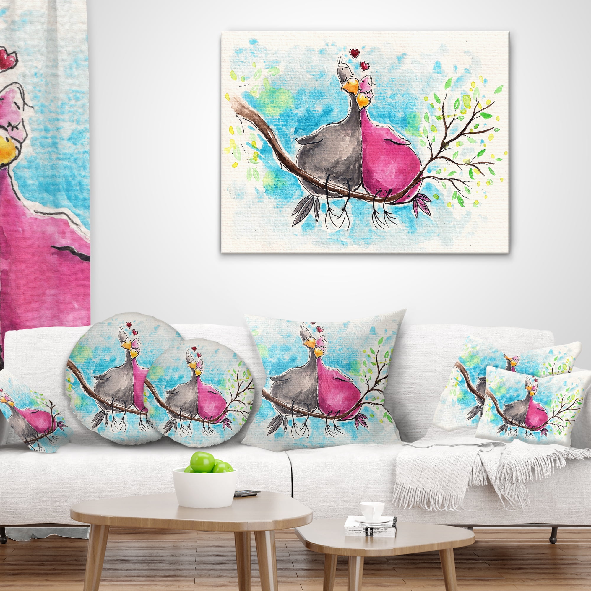 Designart Two Birds in Love on Branch - Abstract Throw Pillow - 16x16