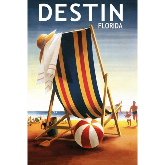 Art.com Destin, Florida - Beach Chair and Ball Art Print by Lantern Press, 12" x 18"