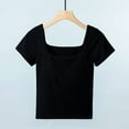 thumbnail image 2 of Women's Square Neck Short Sleeve T Shirts Double Lined Basic Tee Slim Fit Tops, 2 of 3