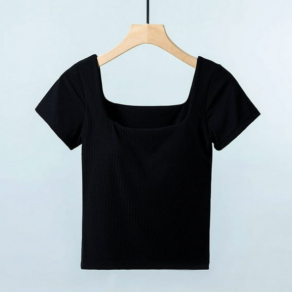 QUNYINEY Casual Spring Tops for Women Short Sleeve Pullover Solid Square Neck Shirts Loose Ribbed Shirts for Women Trendy