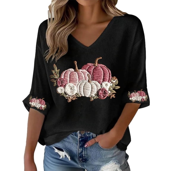 Yuncity Womens Tshirt Halloween V Neck Floral Embroidery Tees Summer Fall 3/4 Sleeve Shirts Casual Outdoor Holiday Tops Size L