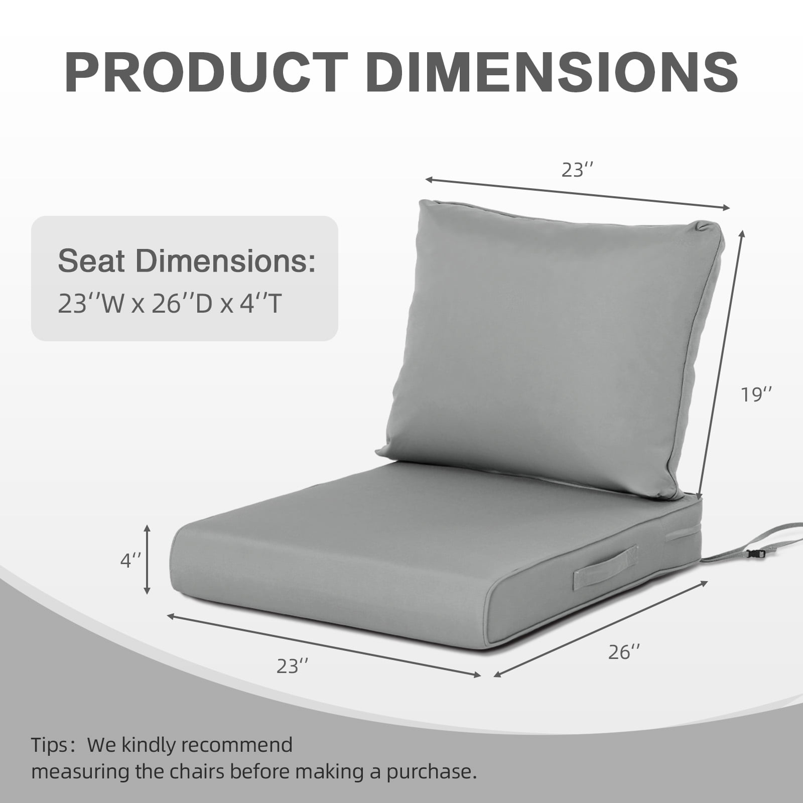 Aoodor Outdoor Chair Cushions Set, 23"x26", Water Resistant Outdoor Deep Seat Cushions with Handle & Adjustable Straps, Gray