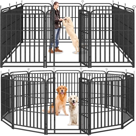 Heavy Duty Dog Playpen: 12 Steel Panels 47 Height Square Steel Pipe with Reinforced Crossbars 27FT 57 Sq.ft Portable Fence for Yard RV Camping Snowy Black