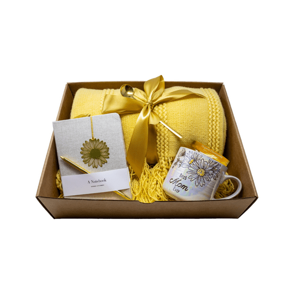 Mother's Day Gift Box With Yellow knitted Blanket , Mug, Tea, Journal and Pen Set