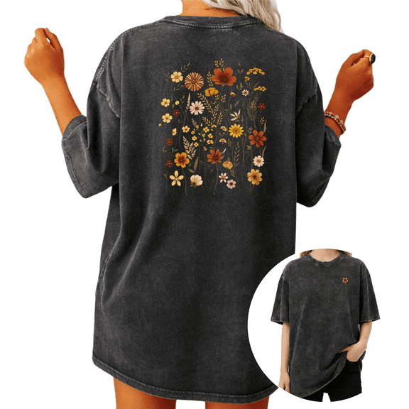 Giffimy Women's Vintage Washed Oversized Wildflower Back & Chest Graphic Short Sleeve T-Shirt Fashion Relaxed Fit Tee