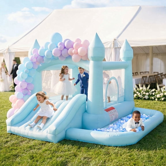Toiyjofe Blue Inflatable Bounce House with Slide & Ball Pit, 10x10 ft Kids Wedding Party Jump Castle, Indoor Outdoor use with Air Blower