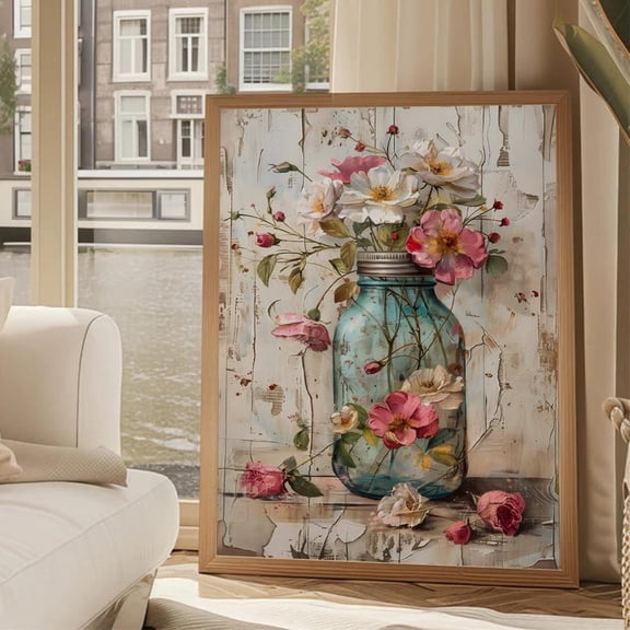 Rustic Floral Mason Jar Art Poster Cottagecore Farmhouse Decor Home Decor, 8x12 UNFRAMED