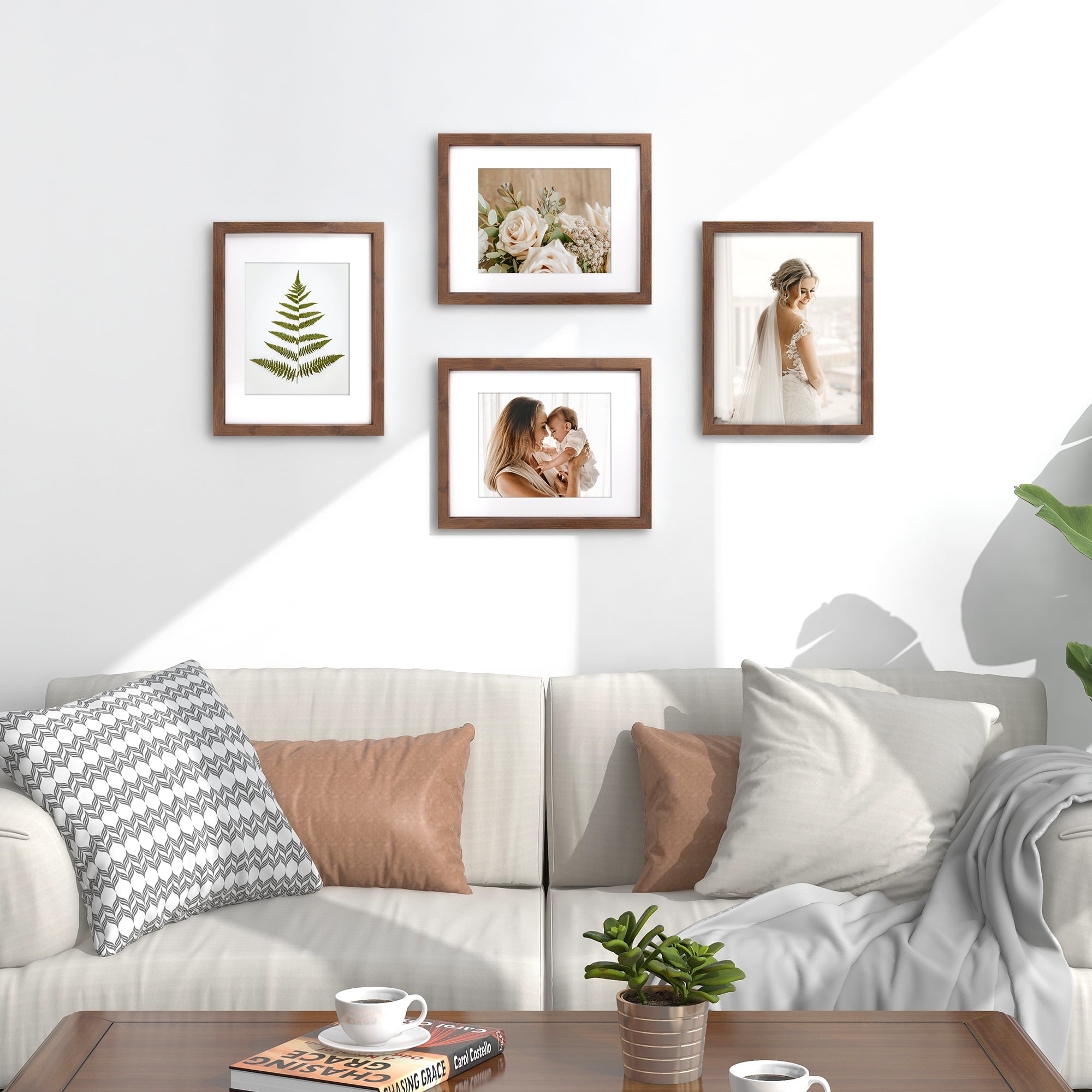 Afuly 11x14 Picture Frame with Mat, Wooden Frames for 11x14 8x10 Photos Display, Modern Walnut Photo Frame Set for Wall and Tabletop, Gifts for Mom Dad Grandma Family Friends, Set of 2