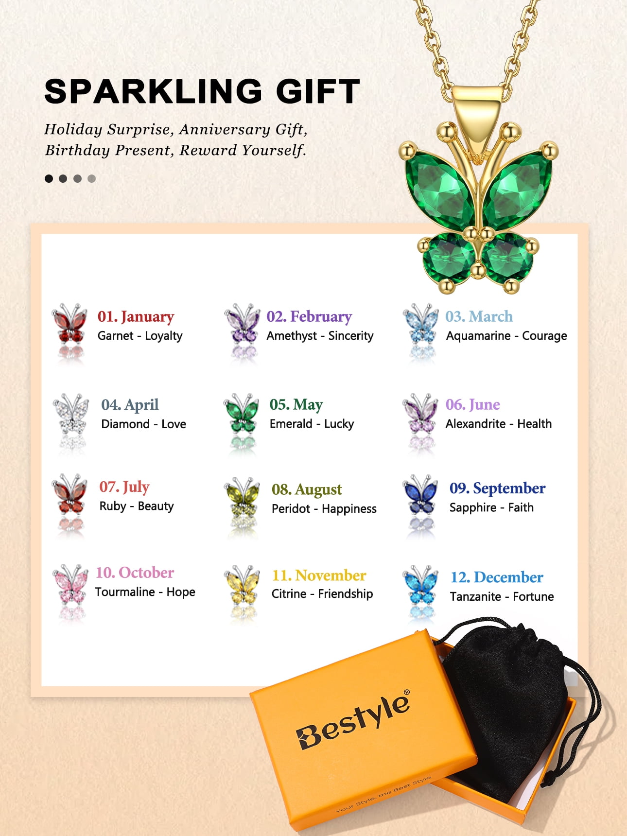 Bestyle 14K Gold Plated Butterfly Necklace for Women, Simulated Emerald Birthstone Crystal Pendant Jewelry Birthday Graduation Gifts for Her