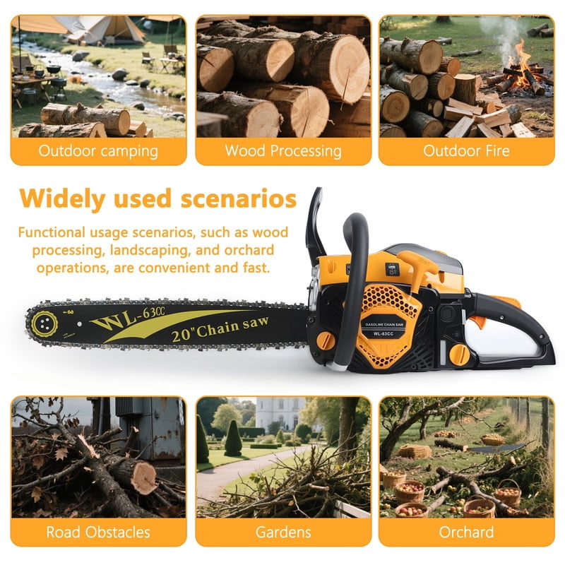 YNCE 63CC Gas Powered Chainsaw 20 Inch, Lightweight Top Handle Handheld Chainsaw with Quenched Chain, Auto Lubrication, Safety Lock & Quick Stop for Tree Wood Cutting