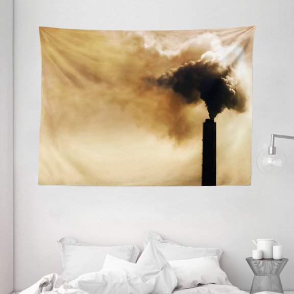 Industrial Decor Tapestry, Heavy Smoke Industrial Chimney Pollution Contamination Environment, Wall Hanging for Bedroom Living Room Dorm Decor, 80W X 60L Inches, Light Brown Black, by Ambesonne