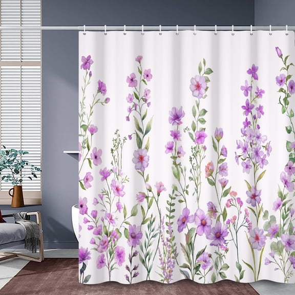 SUNOLIFE Purple Floral Shower Curtain Spring Flowers Waterproof Fabric Bathroom Curtain 47x64 in