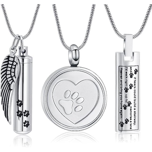 3 Pack Cremation Jewelry Urn Necklace for Ashes for Pet, Paw Print Memorial Lockets Ash Jewelry, Cylinder Keepsake Pendant for Human Pet Ashes