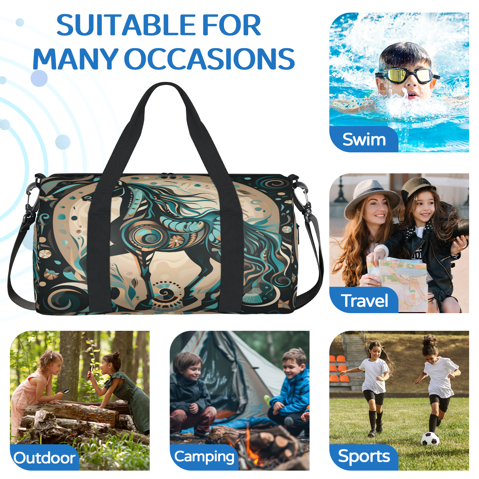Herdesigns Ethnic Horse Gym Bag for Women, Duffle Bag for Travel Sport, Lightweight Waterproof Carry on Weekender Overnight Dance Yoga Workout Bags