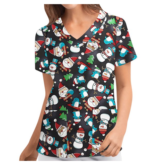 Blusa de manga corta con cuello en V para mujer, uniforme de trabajo, Navidad, con bolsillos Pompotops hkajfhjk457780