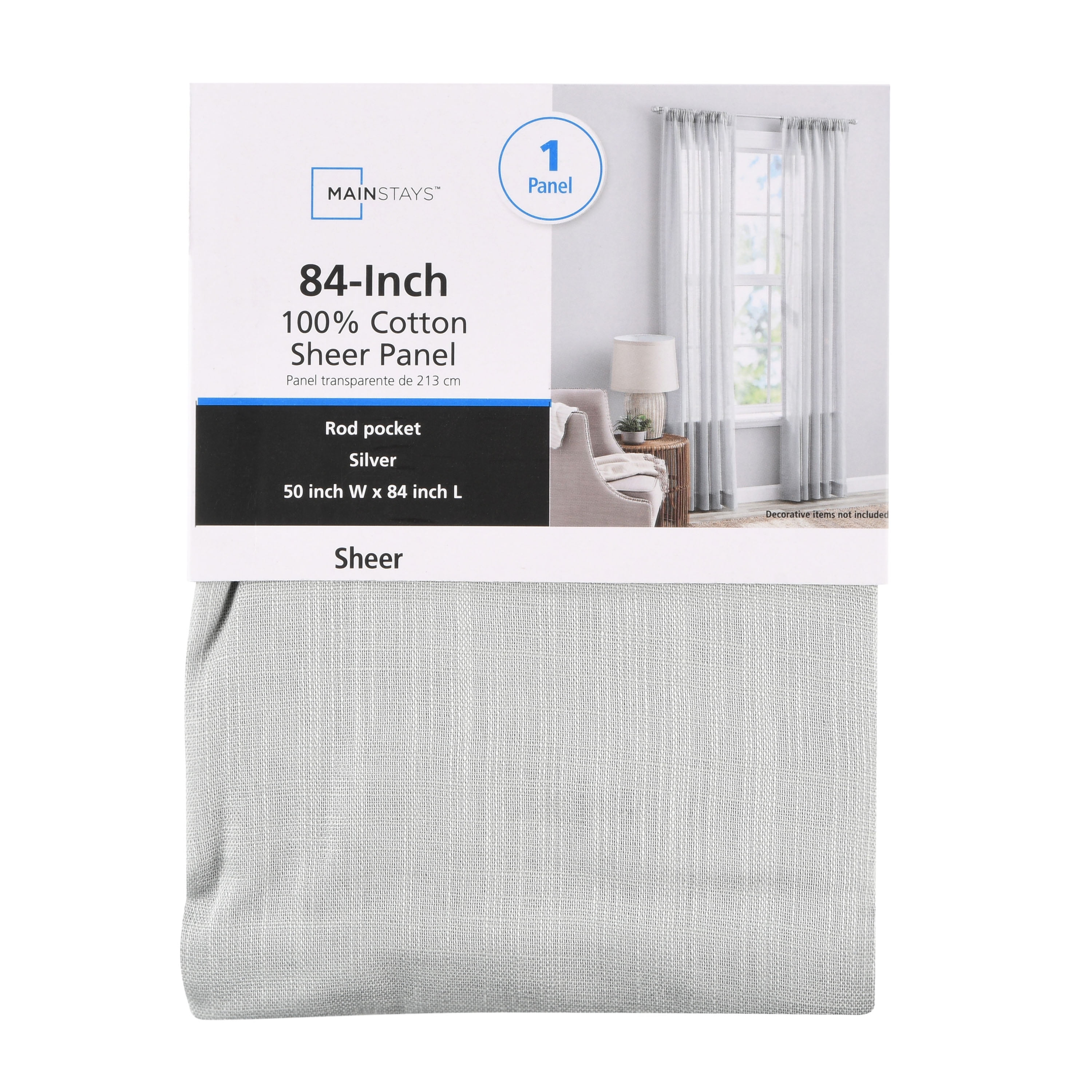 Mainstays 100% Cotton Indoor Sheer Rod Pocket Single Curtain Panel , Silver , 50" W x 84"L