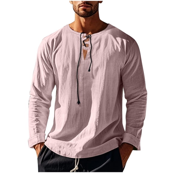 Kukoosong Men's Solid Color Casual Long Sleeve V-Neck Shirt with Tie Detail Men Pullover Tops